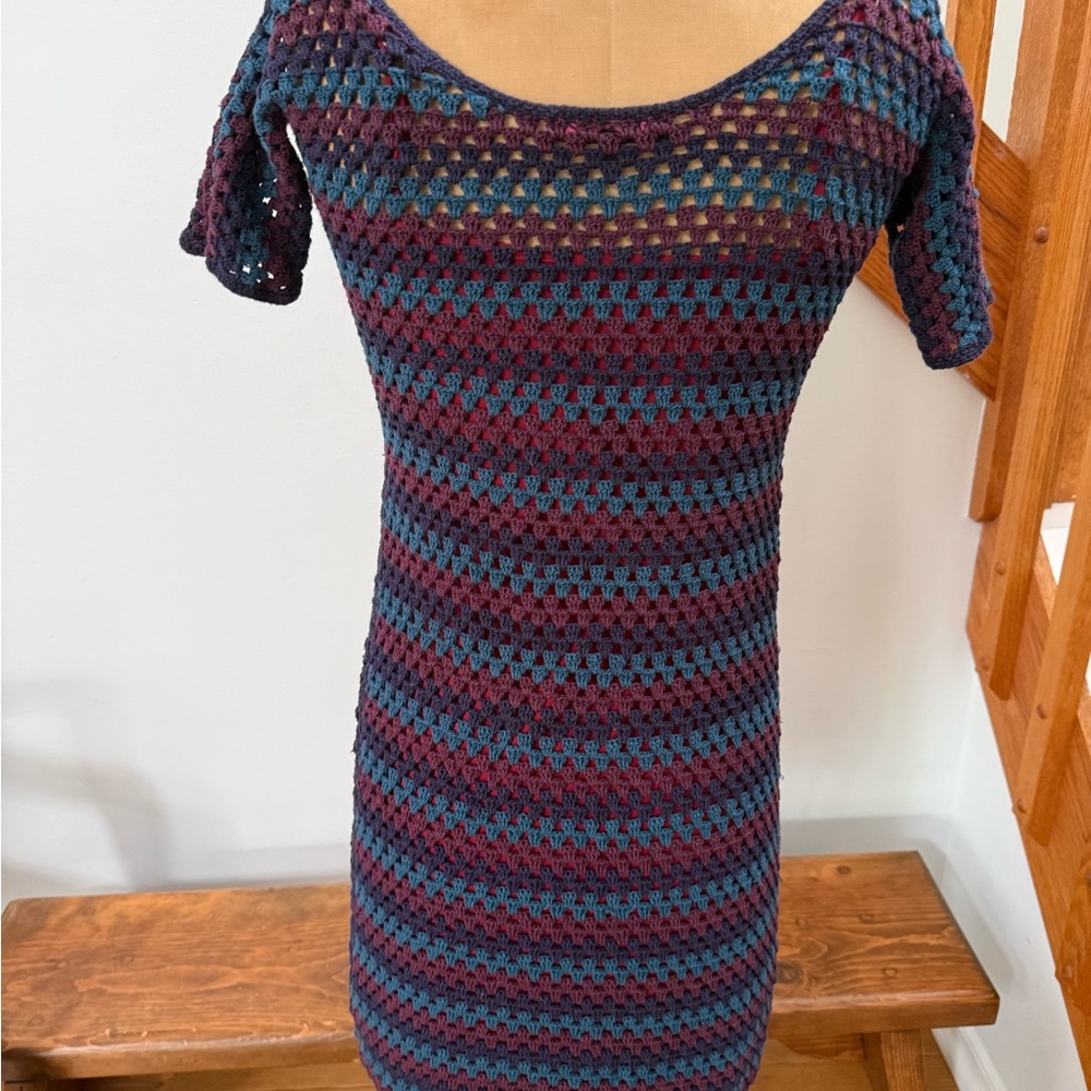 Betsey Johnson Burgundy & Teal Crochet Mini Dress - Picture 2 of 6